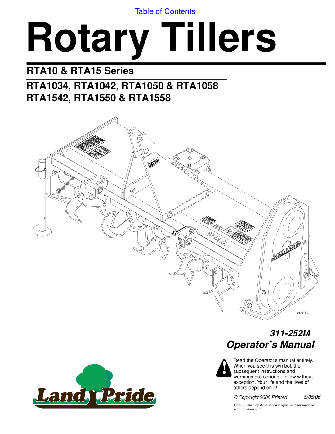 Land Pride RTA25, RTR25, RTA15, RTA35 Series, RTA10 manual Rotary Tiller 