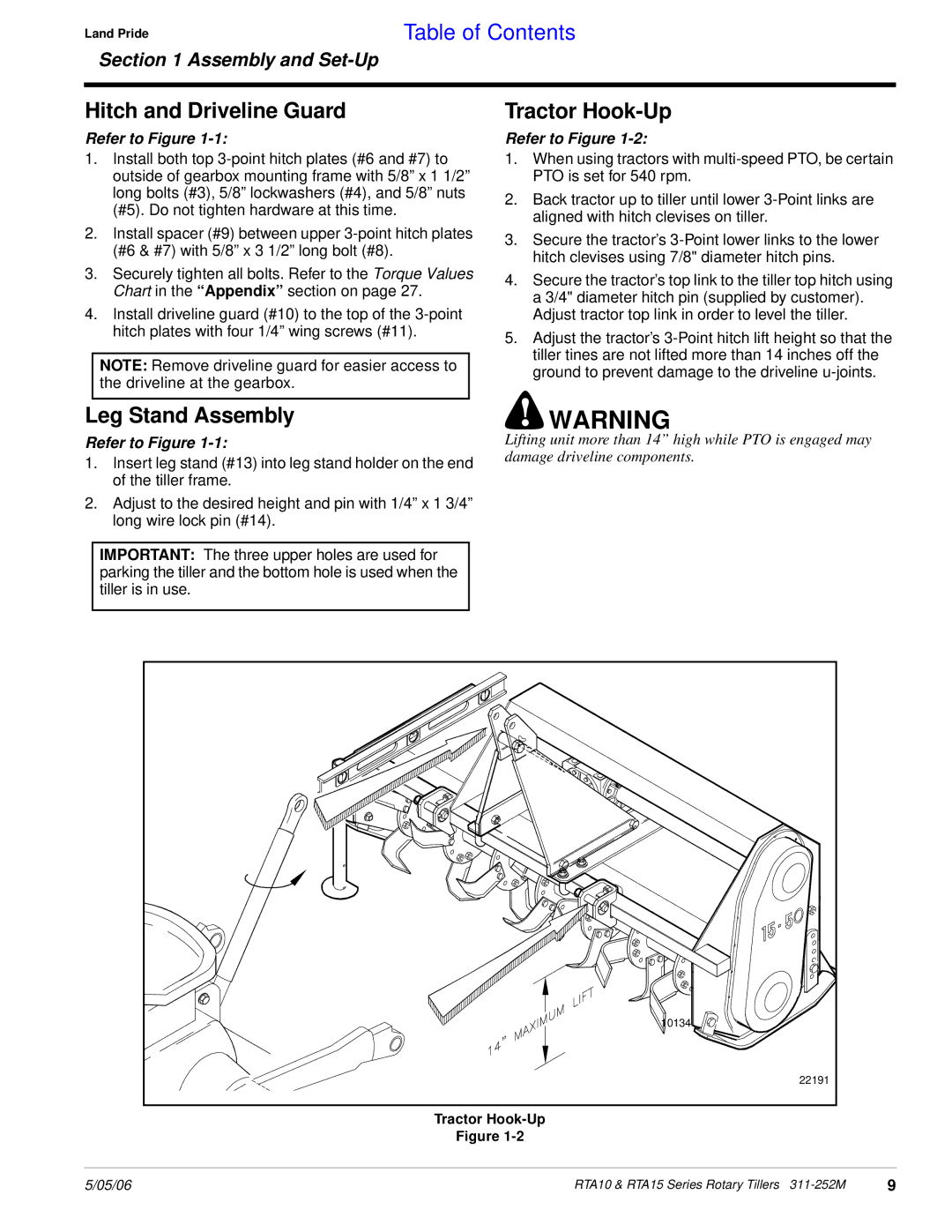 Land Pride RTA1050, RTA1550, RTA1058, RTA1542, RTA1558 manual Hitch and Driveline Guard, Leg Stand Assembly, Tractor Hook-Up 