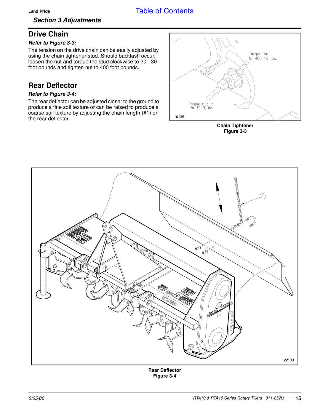 Land Pride RTA1550, RTA1050, RTA1058, RTA1542, RTA1558, RTA1042, RTA1034 manual Drive Chain, Rear Deflector 