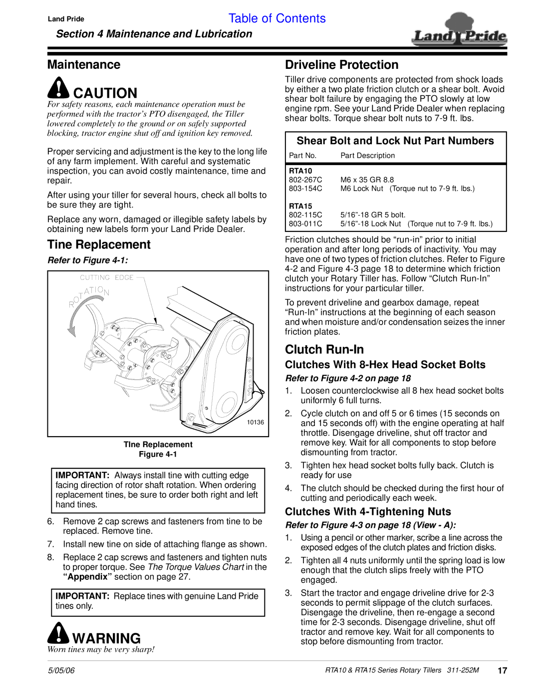 Land Pride RTA1550, RTA1050, RTA1058 Tine Replacement, Driveline Protection, Clutch Run-In, Maintenance and Lubrication 