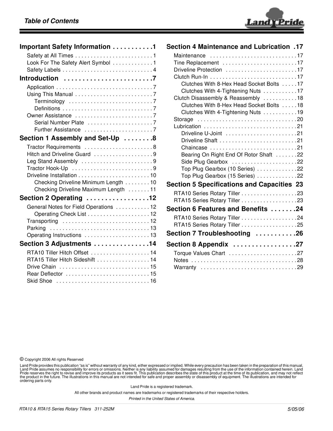Land Pride RTA1050, RTA1550, RTA1058, RTA1542, RTA1558, RTA1042, RTA1034 manual Table of Contents 