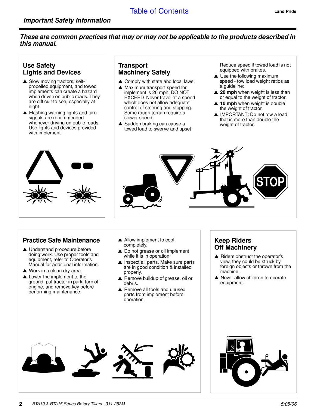 Land Pride RTA1542, RTA1550, RTA1050 Use Safety Lights and Devices, Transport Machinery Safely, Practice Safe Maintenance 