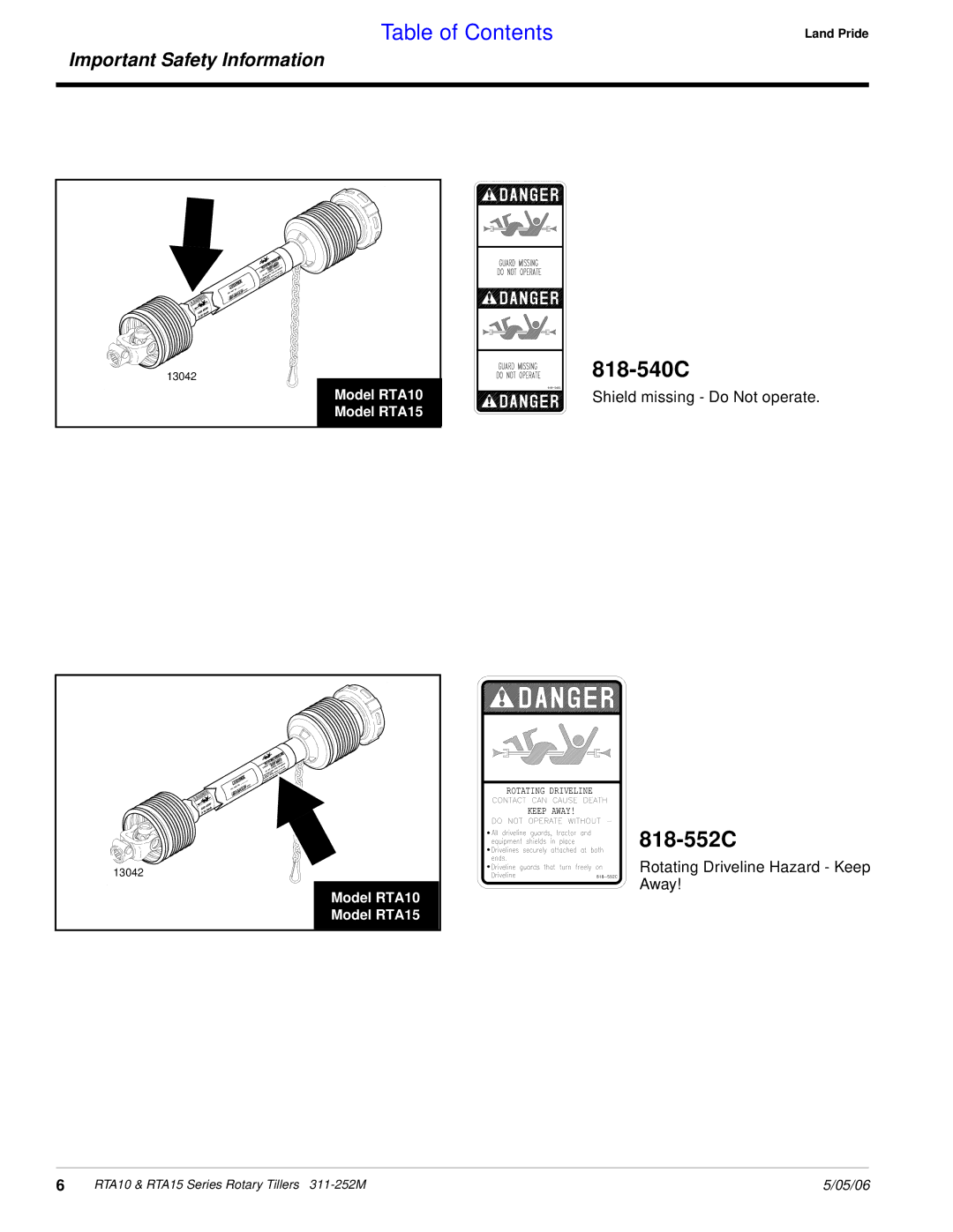 Land Pride RTA1550, RTA1050, RTA1058, RTA1542, RTA1558, RTA1042, RTA1034 manual 818-540C 