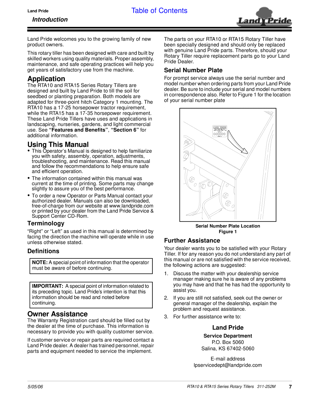 Land Pride RTA1550, RTA1050, RTA1058, RTA1542, RTA1558 manual Application, Using This Manual, Owner Assistance, Introduction 