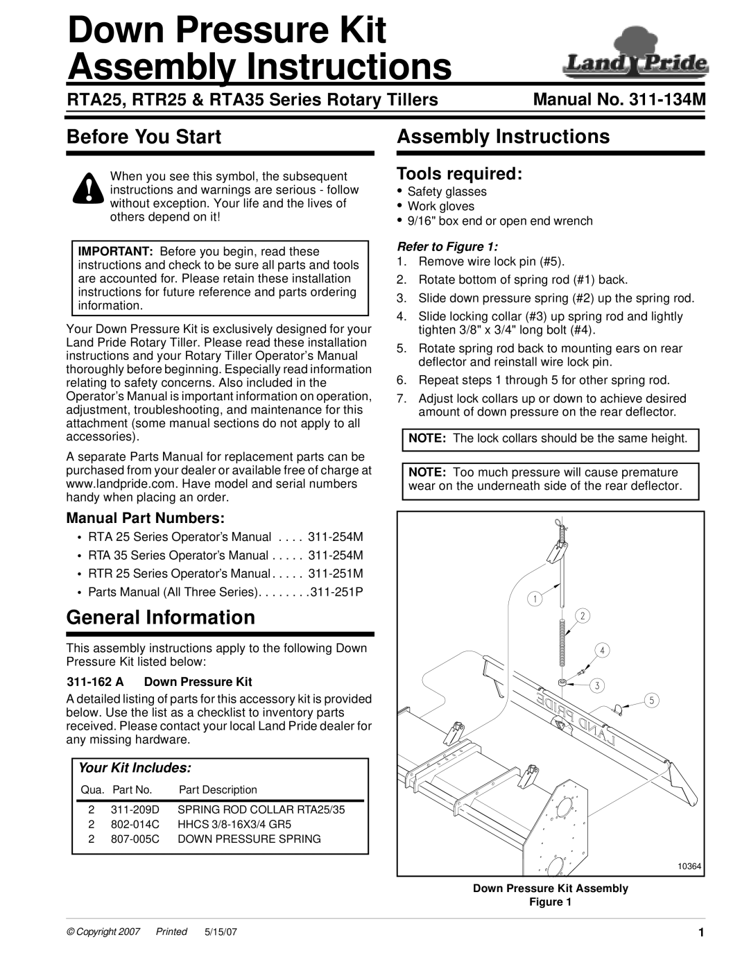 Land Pride RTA35 installation instructions Down Pressure Kit Assembly Instructions, Before You Start, General Information 