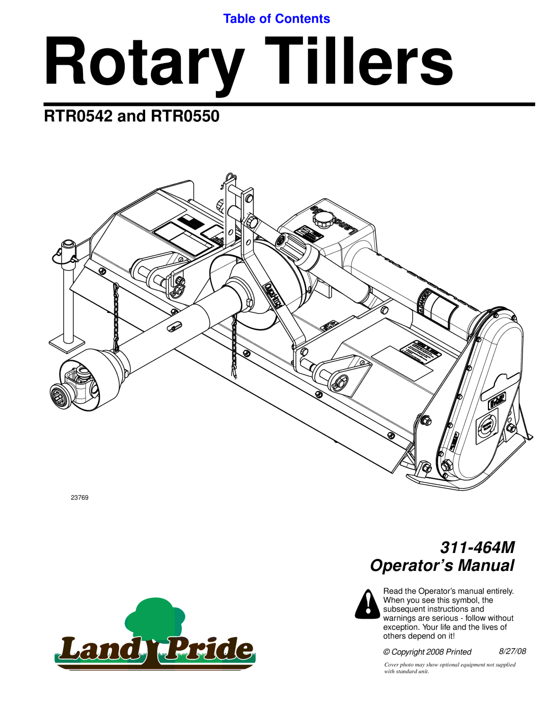 Land Pride RTR0550, RTR0542 manual Rotary Tillers 