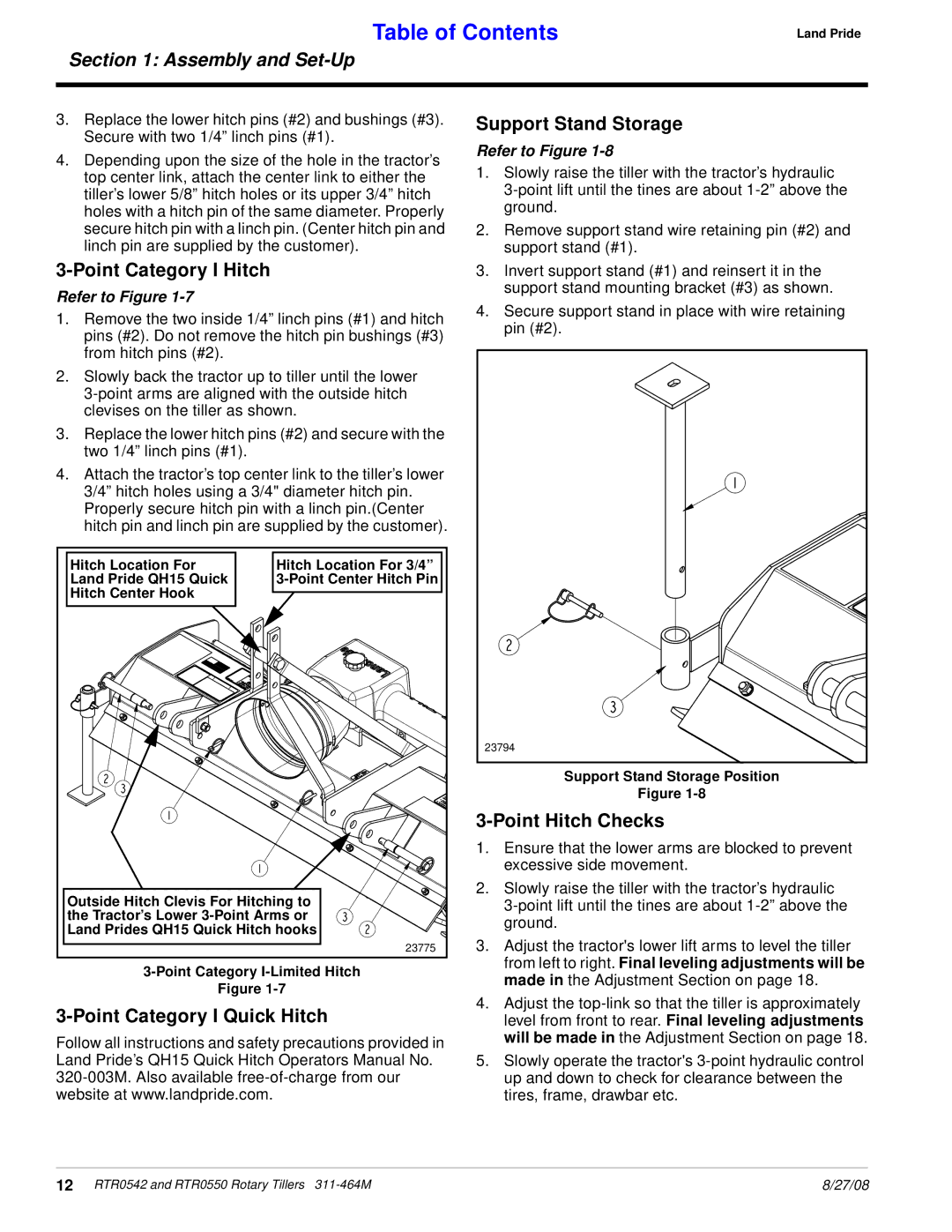 Land Pride RTR0542 manual Point Category I Hitch, Support Stand Storage, Point Hitch Checks, Point Category I Quick Hitch 