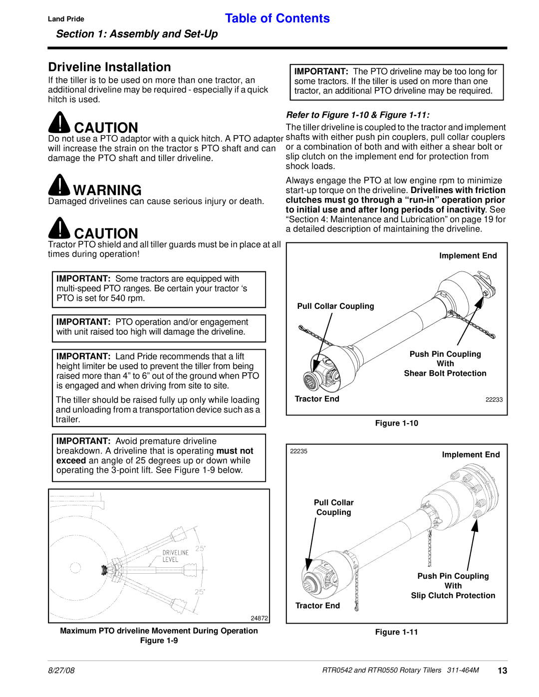 Land Pride RTR0550, RTR0542 manual Driveline Installation, Refer to -10& Figure 