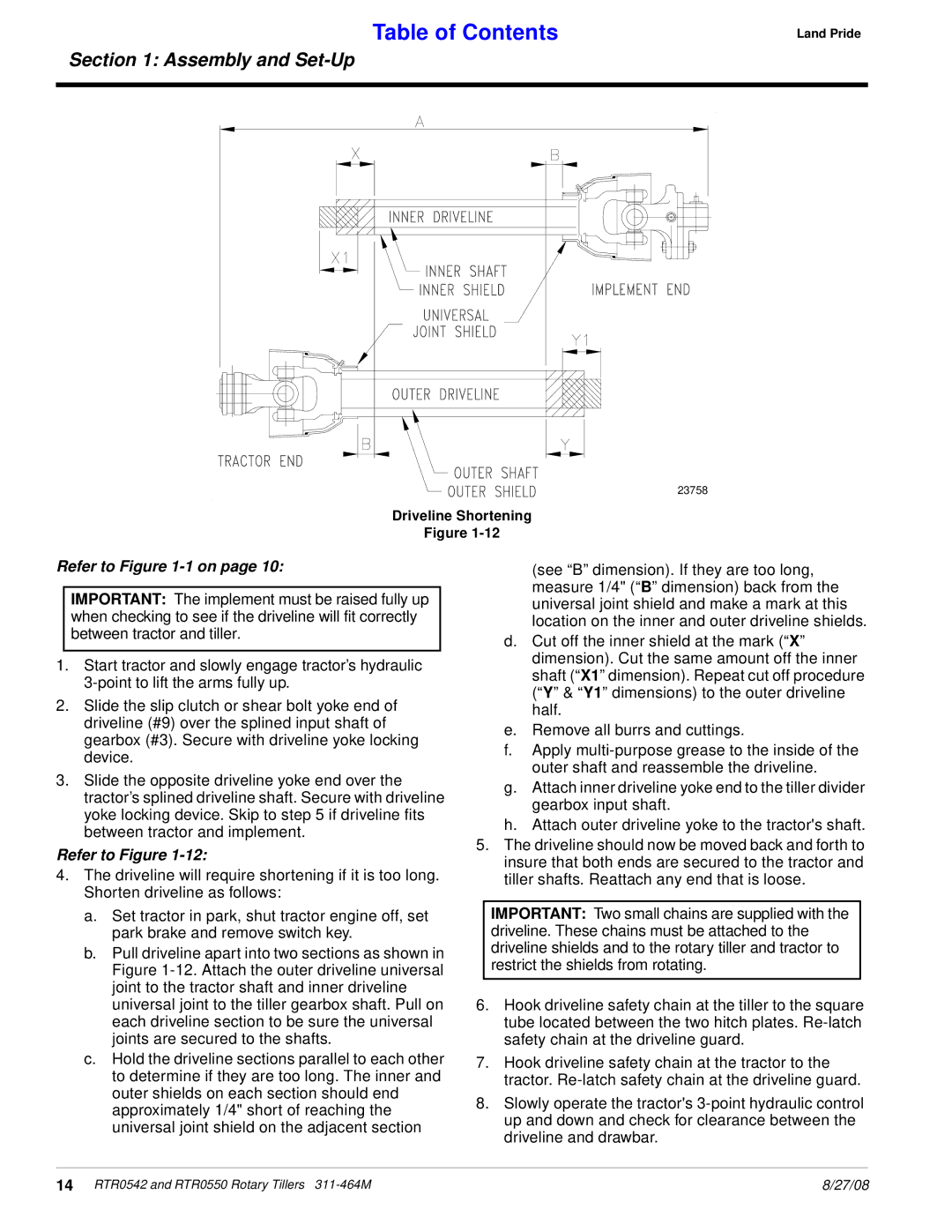 Land Pride RTR0542, RTR0550 manual Driveline Shortening 