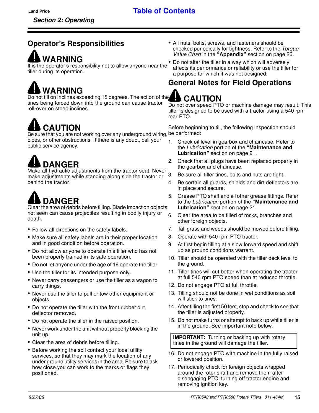 Land Pride RTR0550, RTR0542 manual Operator’s Responsibilities, General Notes for Field Operations, Operating 