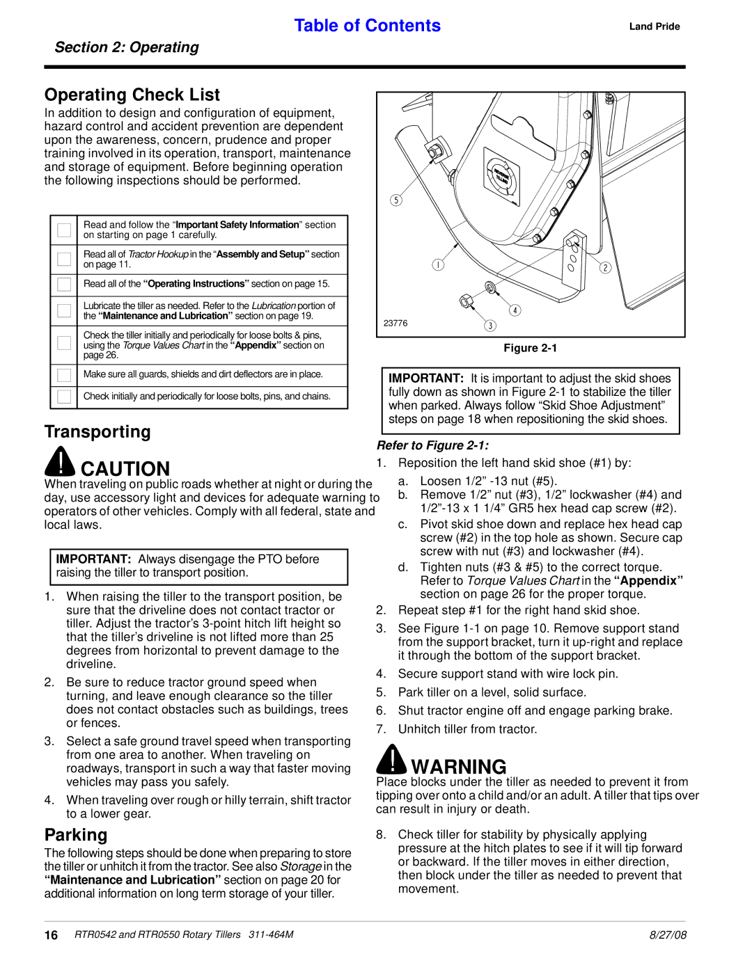 Land Pride RTR0542, RTR0550 manual Operating Check List, Transporting, Parking 