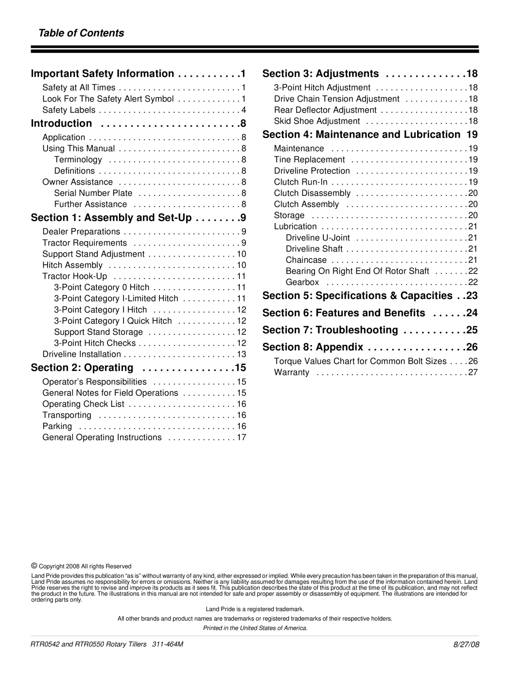 Land Pride RTR0542, RTR0550 manual Table of Contents 