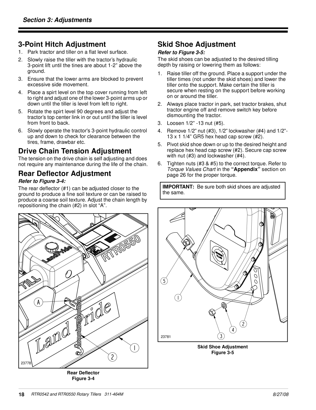 Land Pride RTR0542 Point Hitch Adjustment, Drive Chain Tension Adjustment, Rear Deflector Adjustment, Skid Shoe Adjustment 