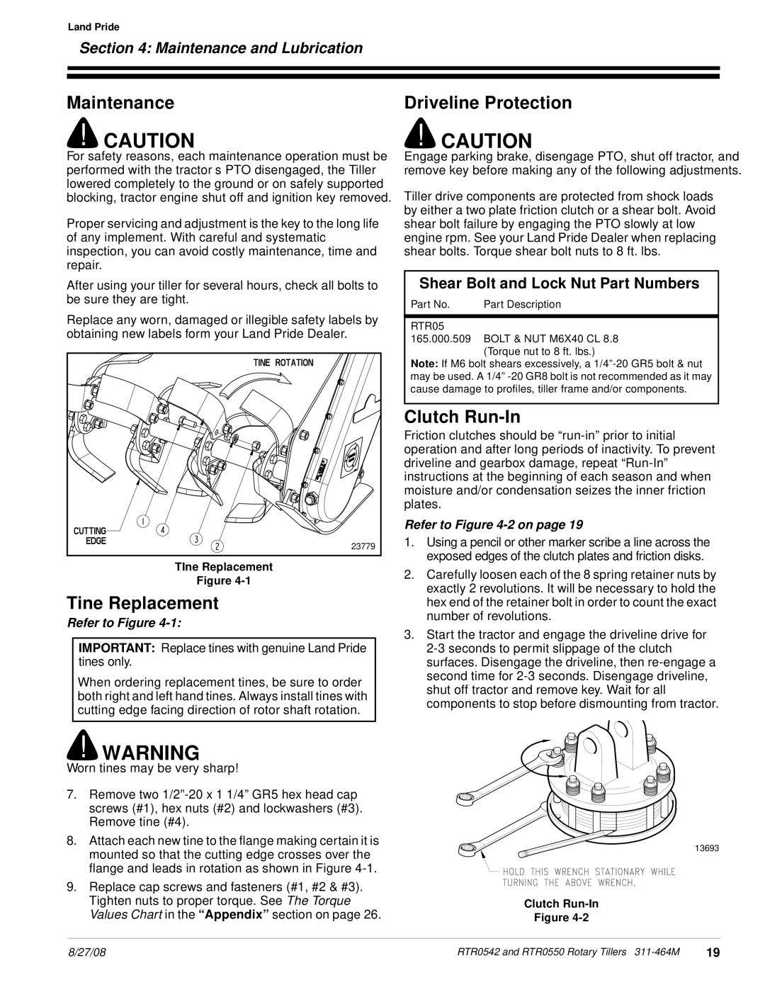 Land Pride RTR0550 Tine Replacement, Clutch Run-In, Maintenance and Lubrication, Shear Bolt and Lock Nut Part Numbers 