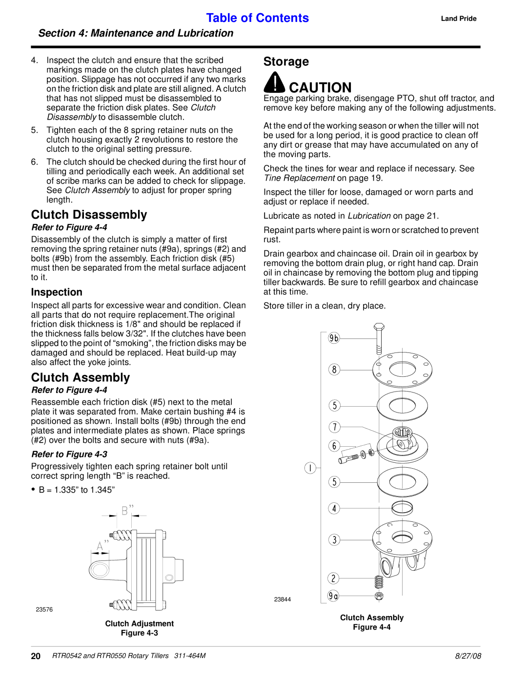 Land Pride RTR0542, RTR0550 manual Clutch Disassembly, Clutch Assembly, Storage, Inspection 