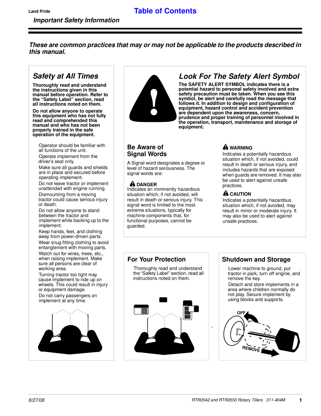 Land Pride RTR0550, RTR0542 Important Safety Information, Be Aware Signal Words, For Your Protection, Shutdown and Storage 