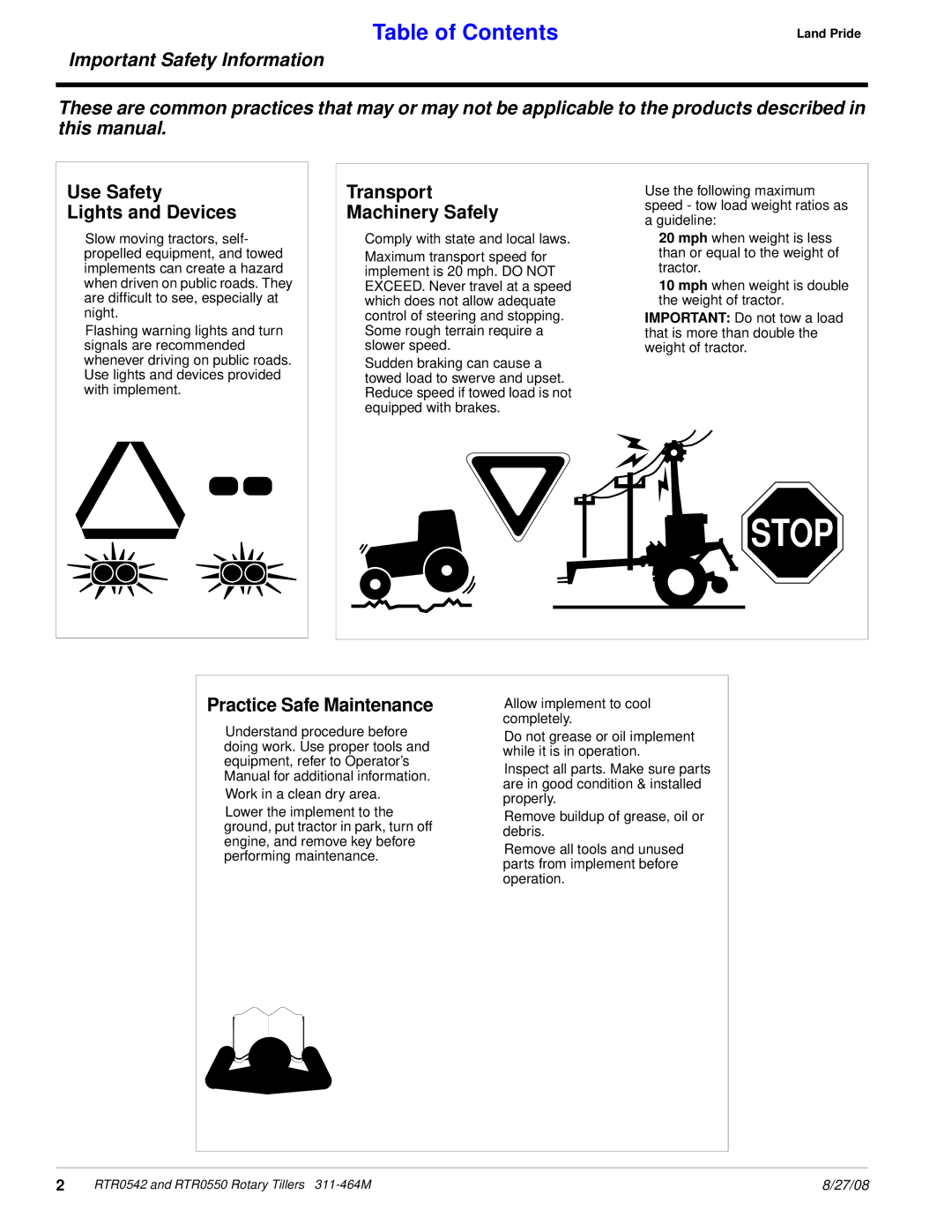 Land Pride RTR0542, RTR0550 manual Use Safety Lights and Devices, Transport Machinery Safely, Practice Safe Maintenance 