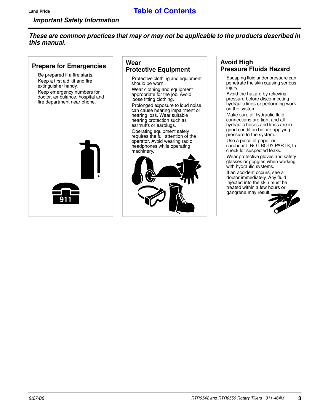 Land Pride RTR0550, RTR0542 manual Prepare for Emergencies, Wear Protective Equipment, Avoid High Pressure Fluids Hazard 