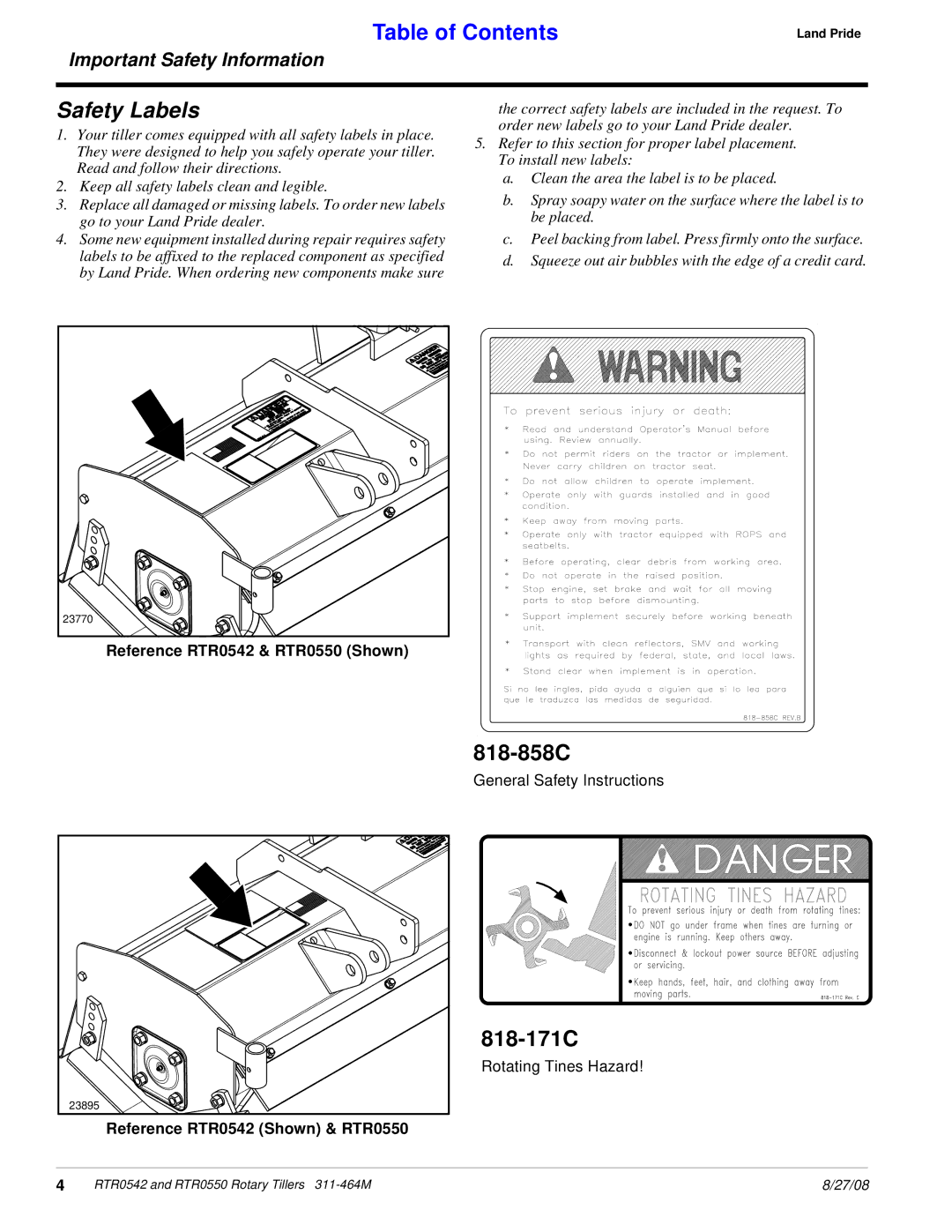 Land Pride manual 818-171C, Reference RTR0542 & RTR0550 Shown, Reference RTR0542 Shown & RTR0550 