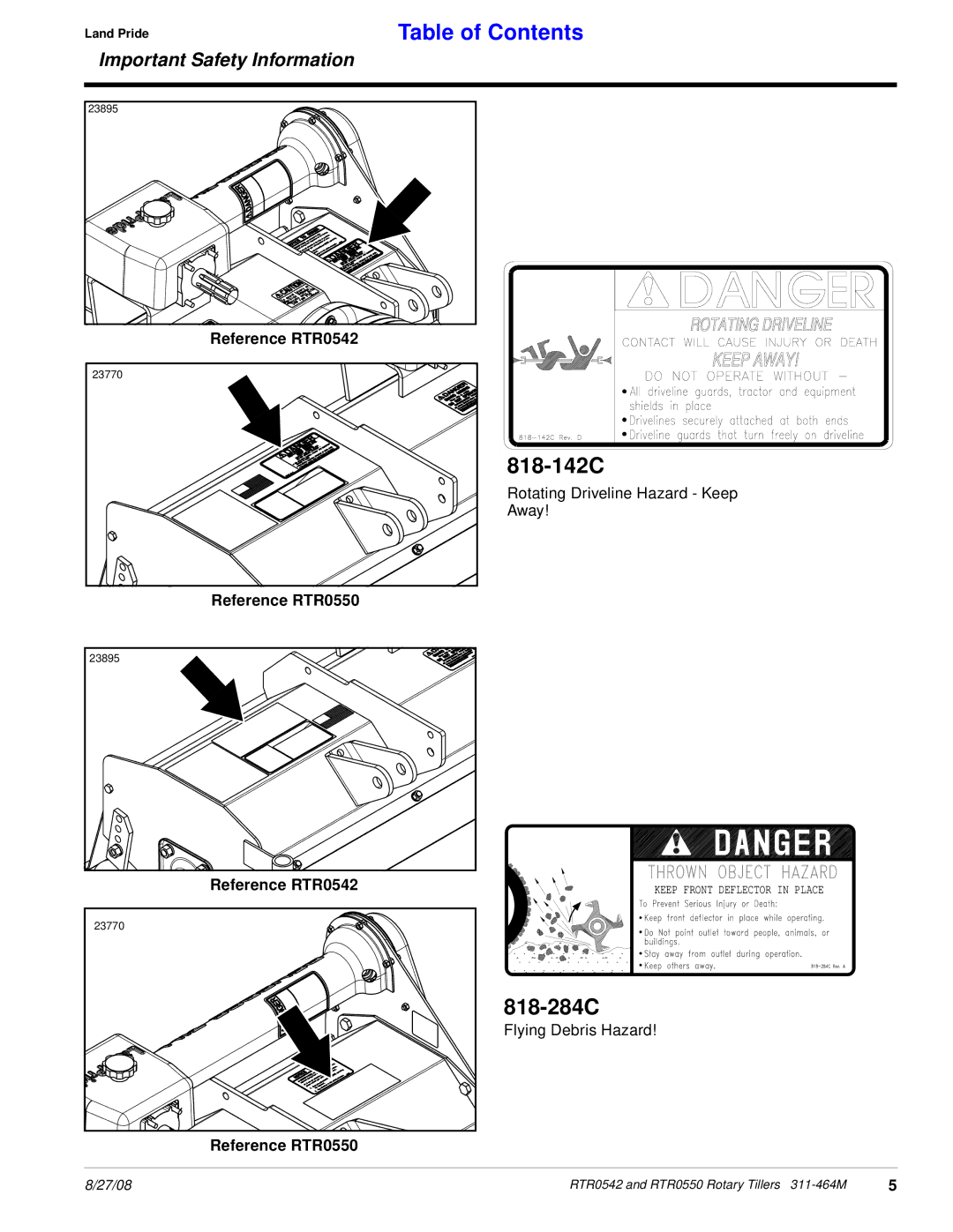 Land Pride manual 818-142C, 818-284C, Reference RTR0542, Reference RTR0550 