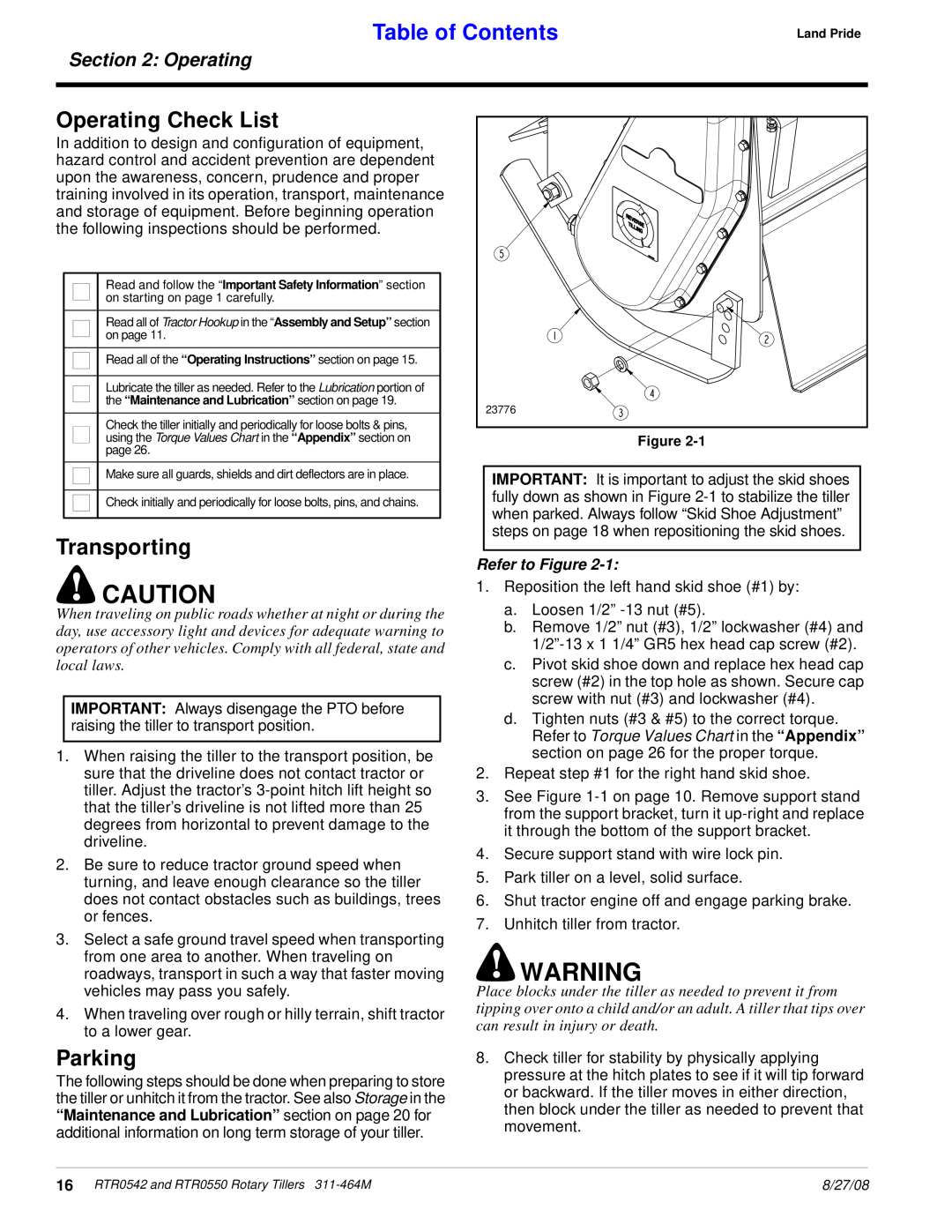 Land Pride RTR0542, RTR0550 manual Operating Check List, Transporting, Parking, Table of Contents, Refer to Figure 