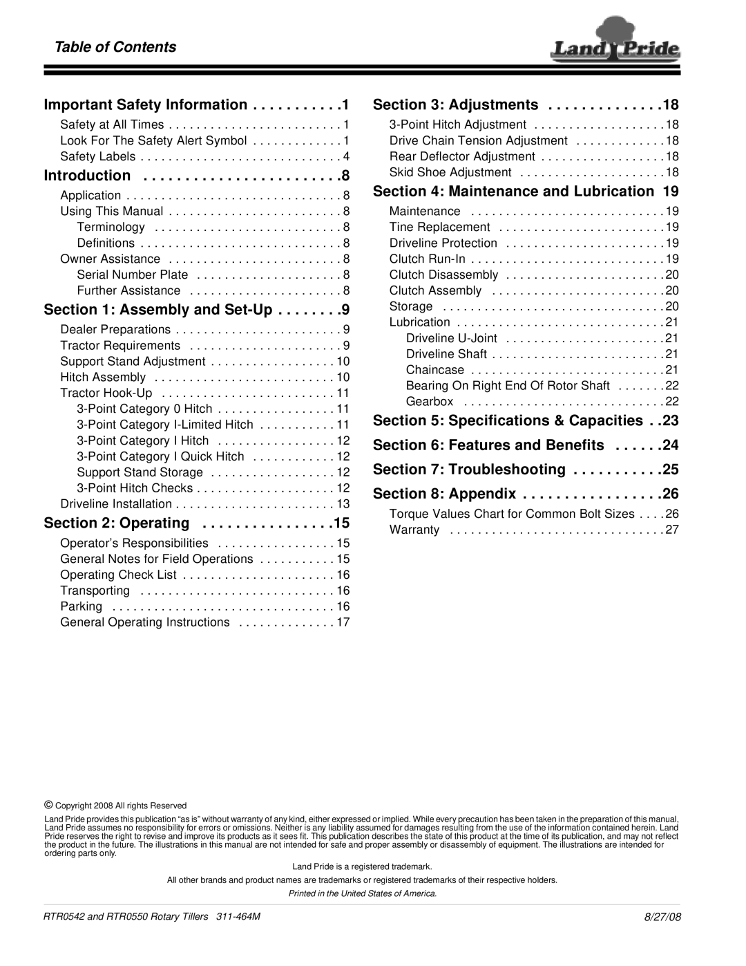 Land Pride RTR0542, RTR0550 manual Table of Contents 
