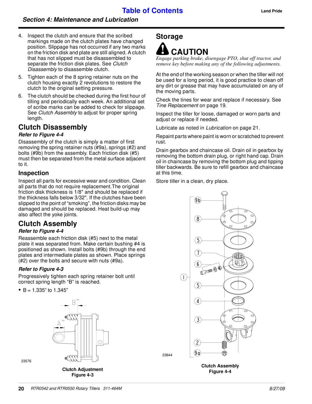 Land Pride RTR0542, RTR0550 Clutch Disassembly, Clutch Assembly, Storage, Table of Contents, Maintenance and Lubrication 