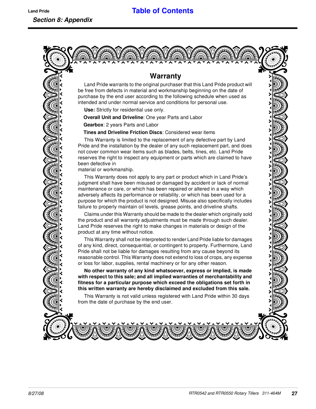 Land Pride RTR0550, RTR0542 manual Warranty, Table of Contents, Appendix 