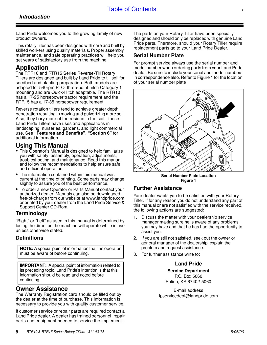 Land Pride RTR1050, RTR1550, RTR1058, RTR1558, RTR1042, RTR1542 Application, Using This Manual, Owner Assistance, Introduction 