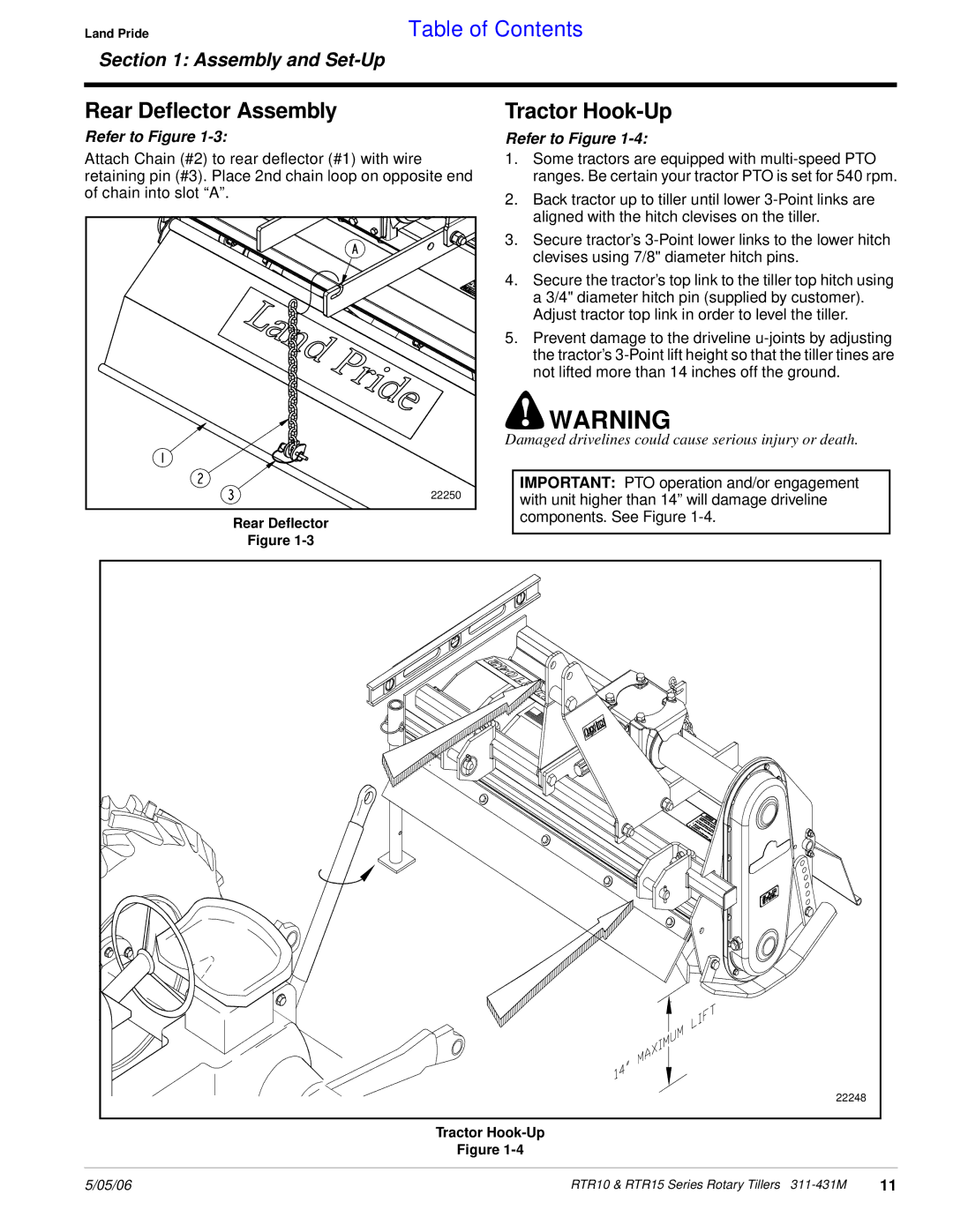 Land Pride RTR1058, RTR1550, RTR1558, RTR1042, RTR1050, RTR1542 manual Rear Deflector Assembly, Tractor Hook-Up 