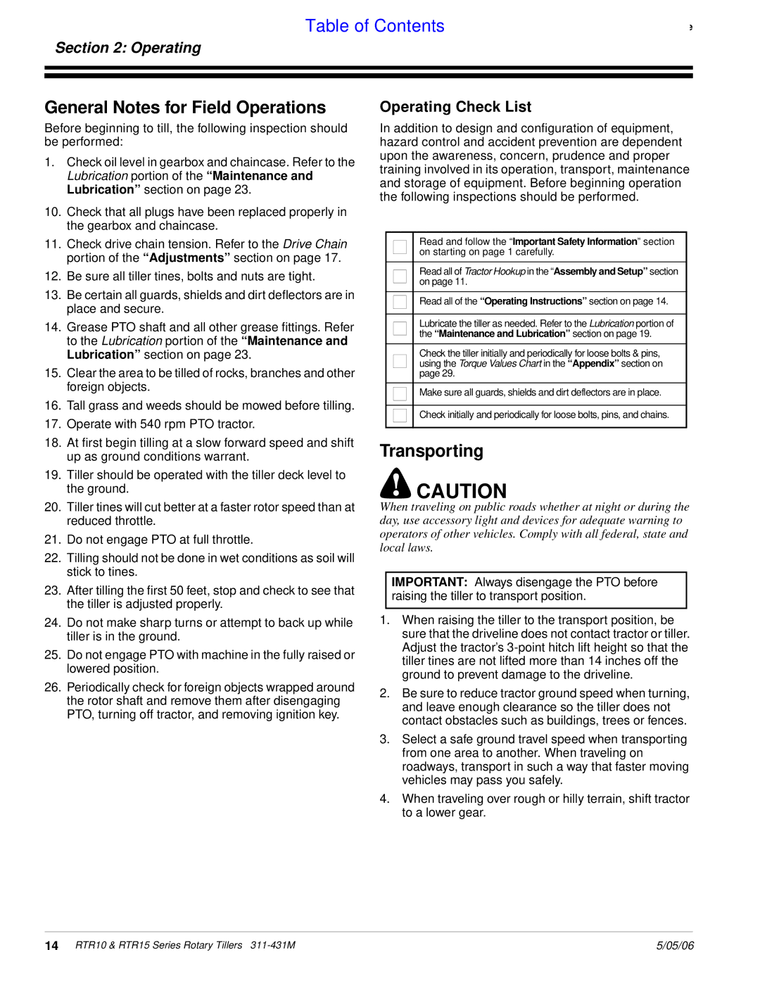 Land Pride RTR1050, RTR1550, RTR1058, RTR1558 General Notes for Field Operations, Transporting, Operating Check List 