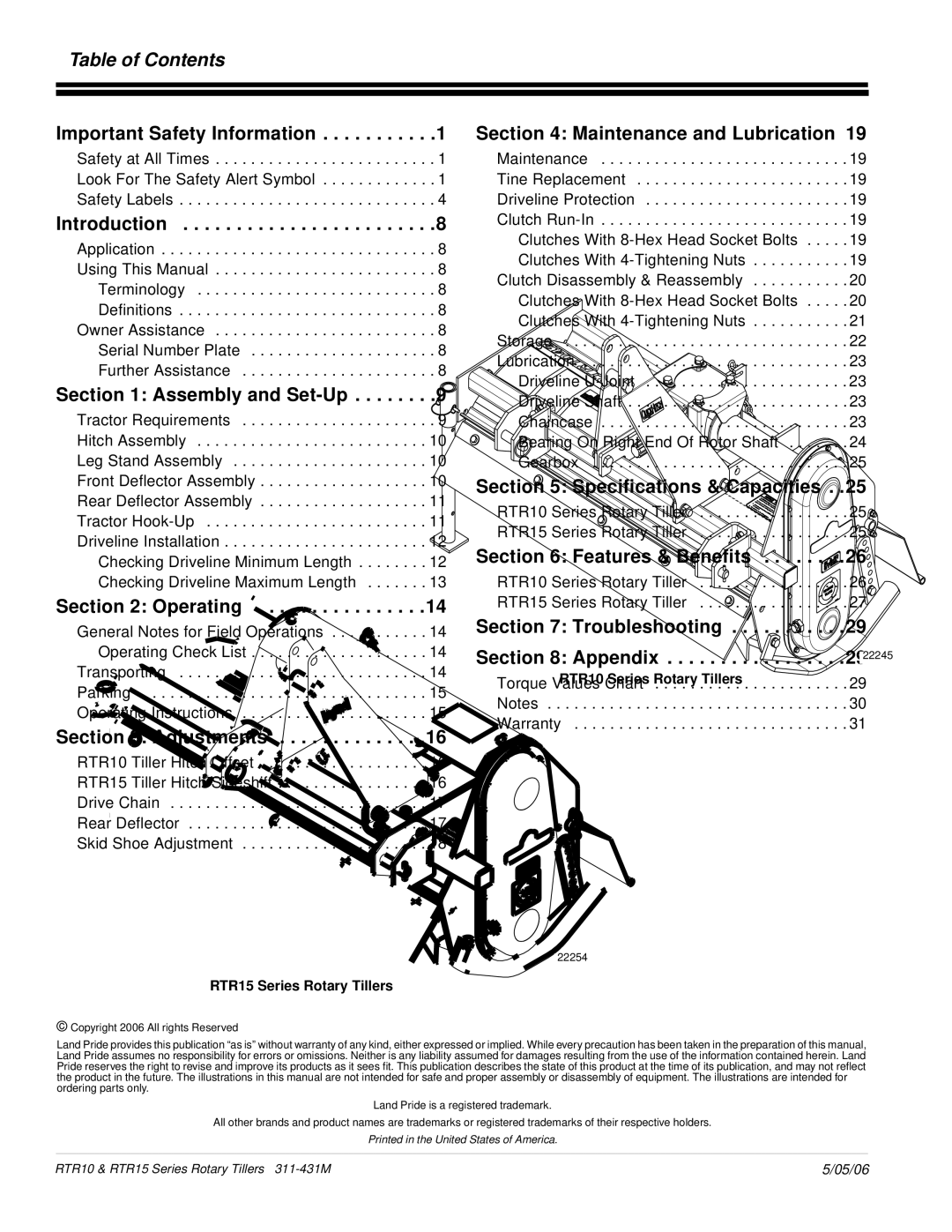 Land Pride RTR1558, RTR1550, RTR1058, RTR1042, RTR1050, RTR1542 manual Table of Contents 