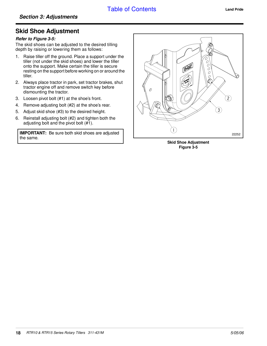 Land Pride RTR1558, RTR1550, RTR1058, RTR1042, RTR1050, RTR1542 manual Skid Shoe Adjustment 