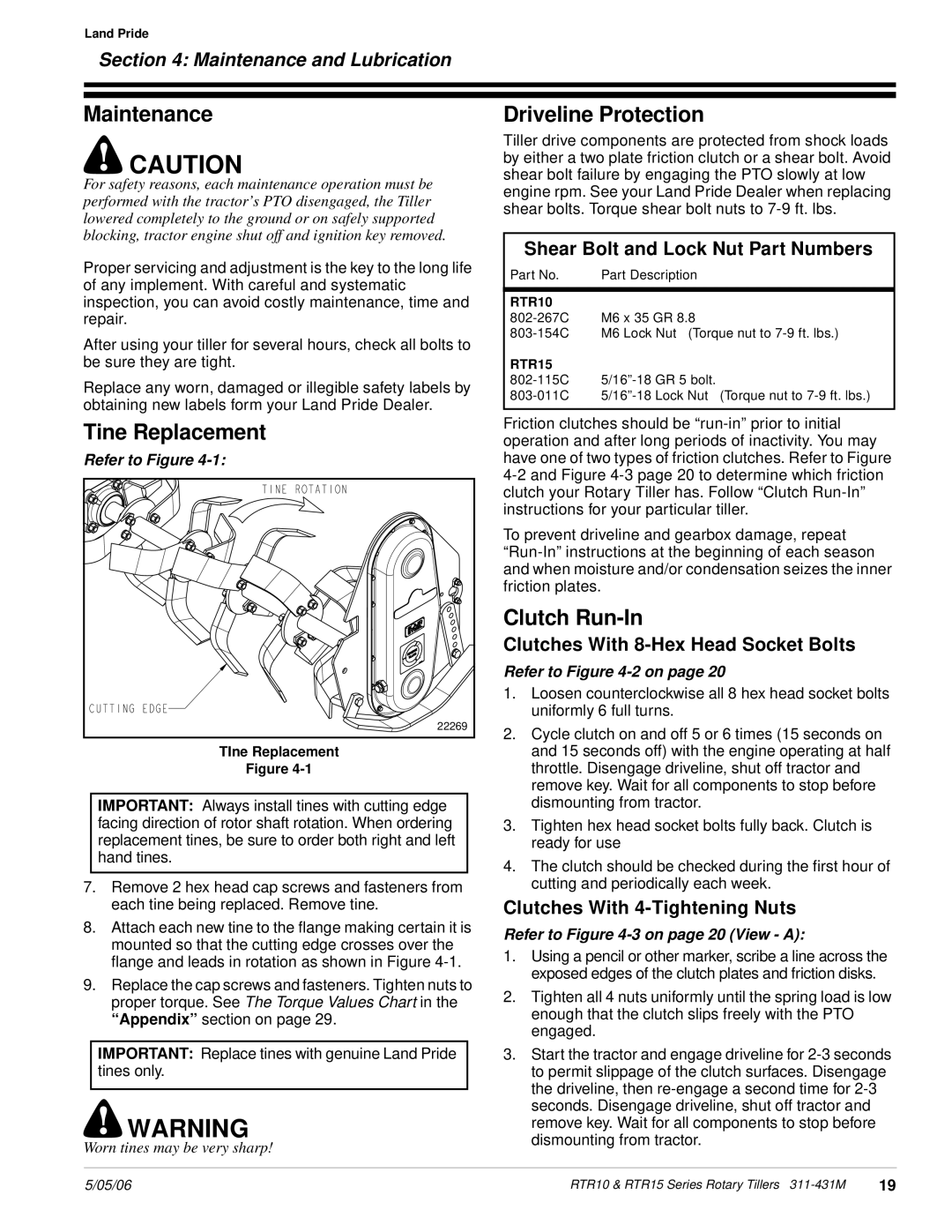 Land Pride RTR1042, RTR1550, RTR1058 Tine Replacement, Driveline Protection, Clutch Run-In, Maintenance and Lubrication 