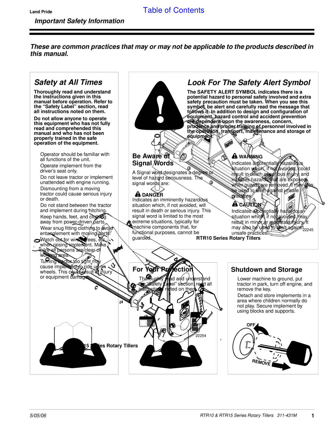 Land Pride RTR1042, RTR1550 Important Safety Information, Be Aware Signal Words, For Your Protection, Shutdown and Storage 