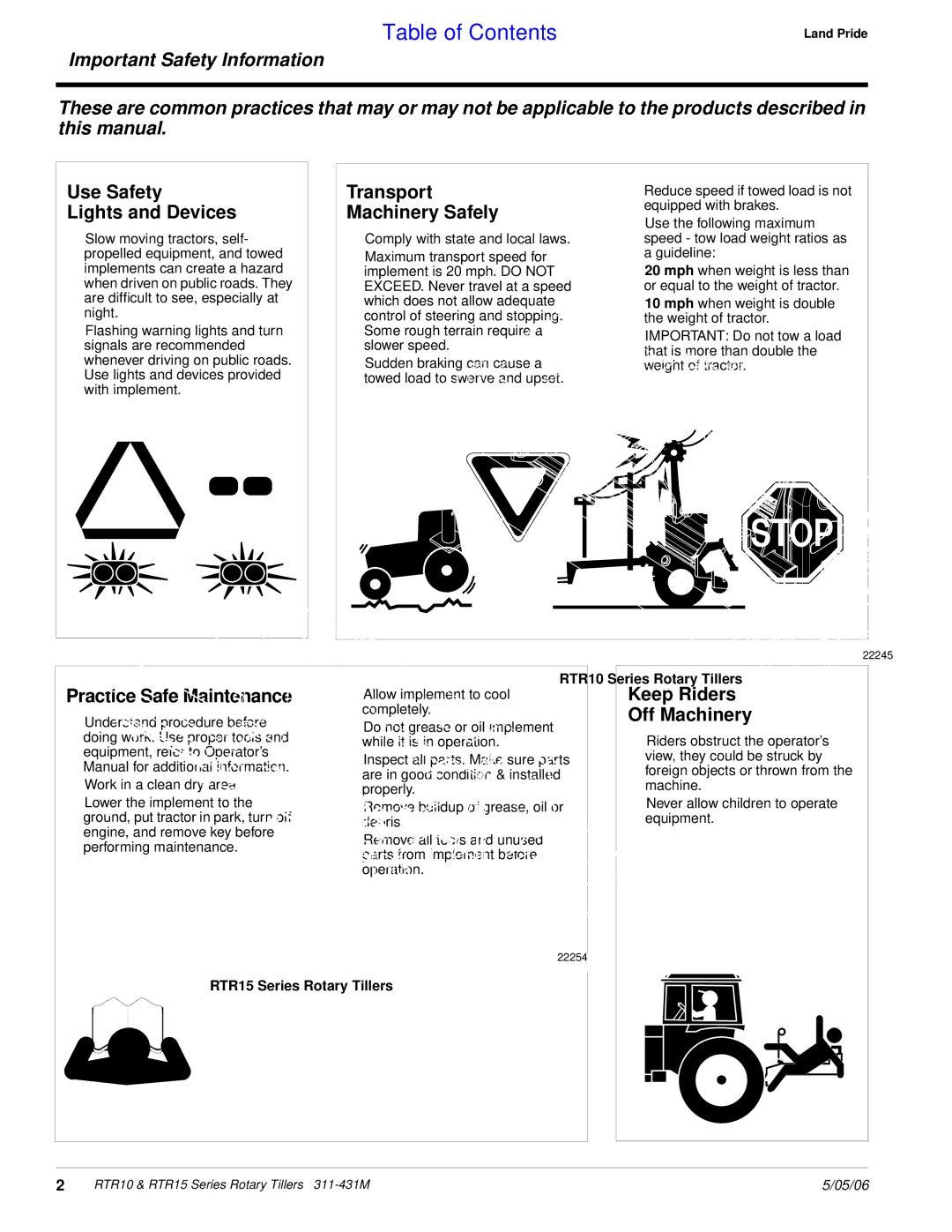 Land Pride RTR1050, RTR1550, RTR1058 Use Safety Lights and Devices, Transport Machinery Safely, Practice Safe Maintenance 