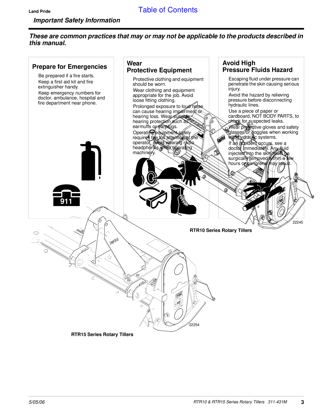 Land Pride RTR1542, RTR1550, RTR1058 Prepare for Emergencies, Wear Protective Equipment, Avoid High Pressure Fluids Hazard 