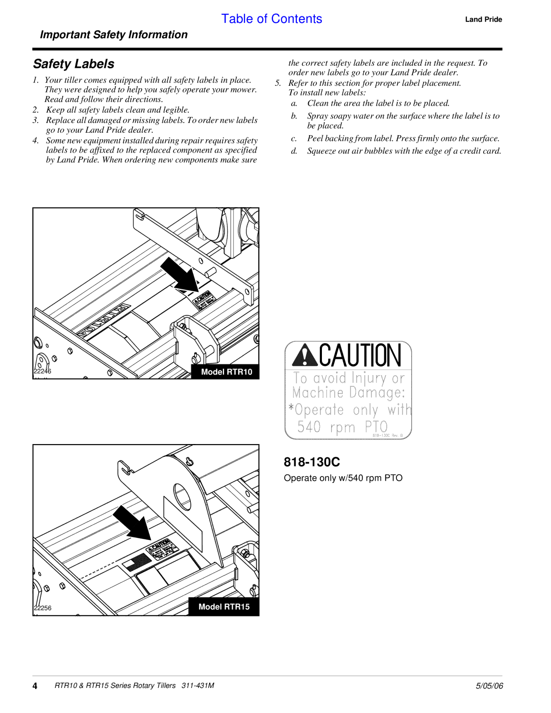 Land Pride RTR1550, RTR1058, RTR1558, RTR1042, RTR1050, RTR1542 manual Safety Labels, 818-130C 