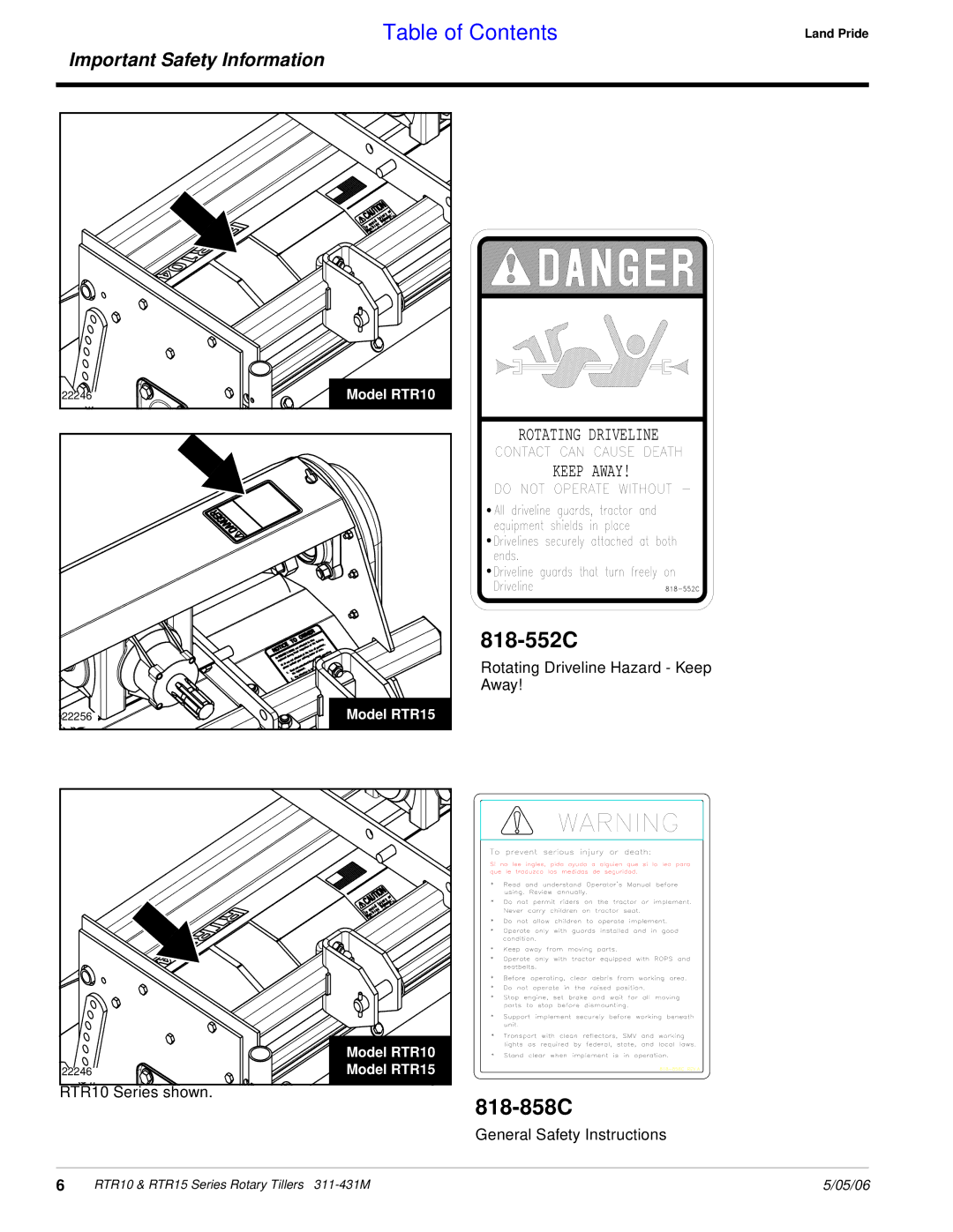 Land Pride RTR1558, RTR1550, RTR1058, RTR1042, RTR1050, RTR1542 manual 818-552C, 818-858C 