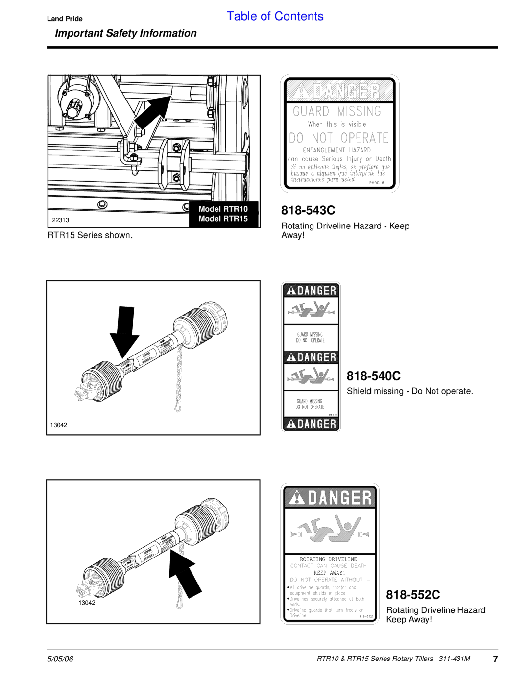 Land Pride RTR1042, RTR1550, RTR1058, RTR1558, RTR1050, RTR1542 manual 818-543C, 818-540C 