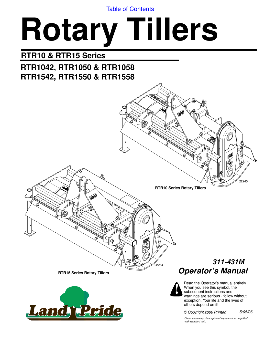 Land Pride manual Table of Contents, Rotary Tillers, RTR10 & RTR15 Series RTR1042, RTR1050 & RTR1058, Operator’s Manual 
