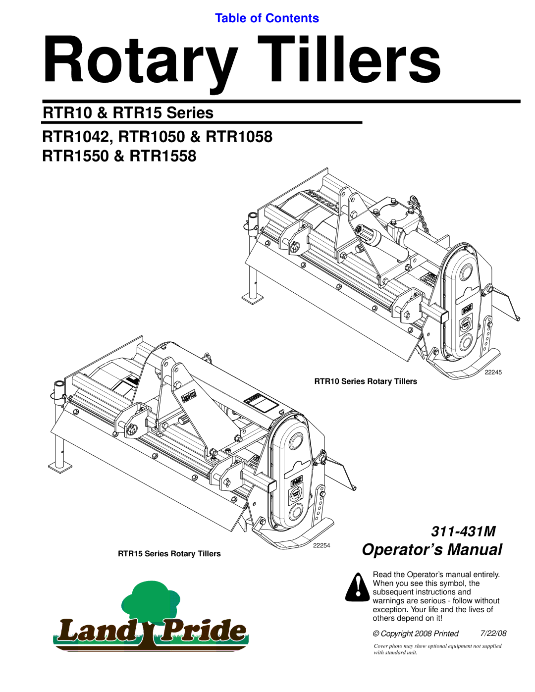 Land Pride RTR1550, RTR1558 manual Rotary Tillers 