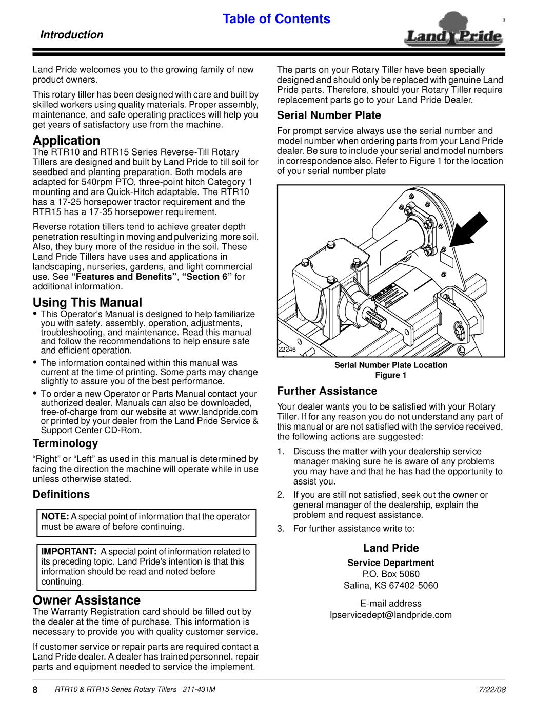 Land Pride RTR1550, RTR1558 manual Application, Using This Manual, Owner Assistance, Introduction 