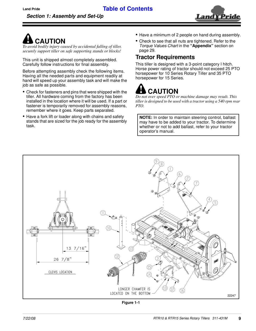 Land Pride RTR1558, RTR1550 manual Tractor Requirements, Assembly and Set-Up 