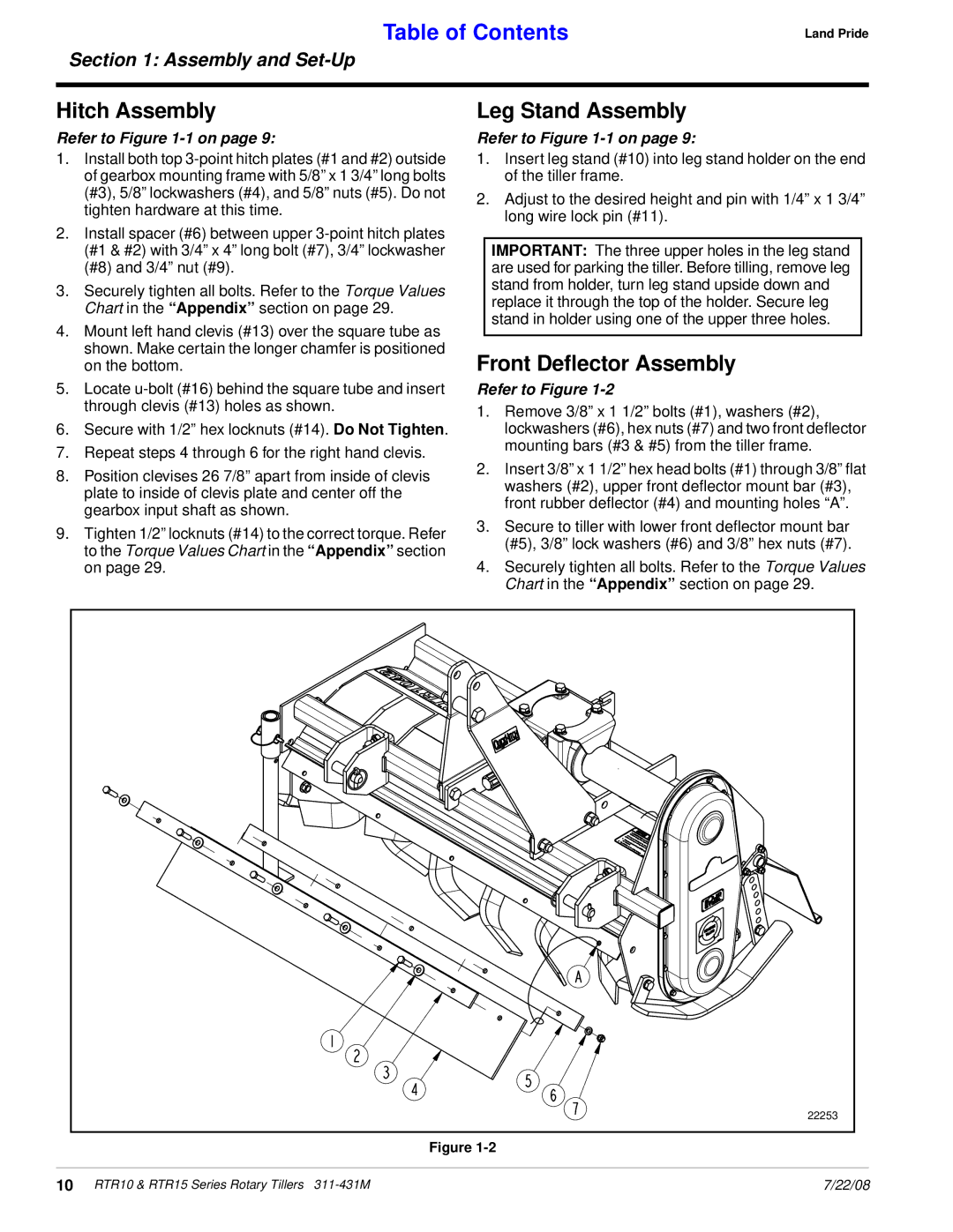 Land Pride RTR1550, RTR1558 manual Hitch Assembly, Leg Stand Assembly, Front Deflector Assembly 