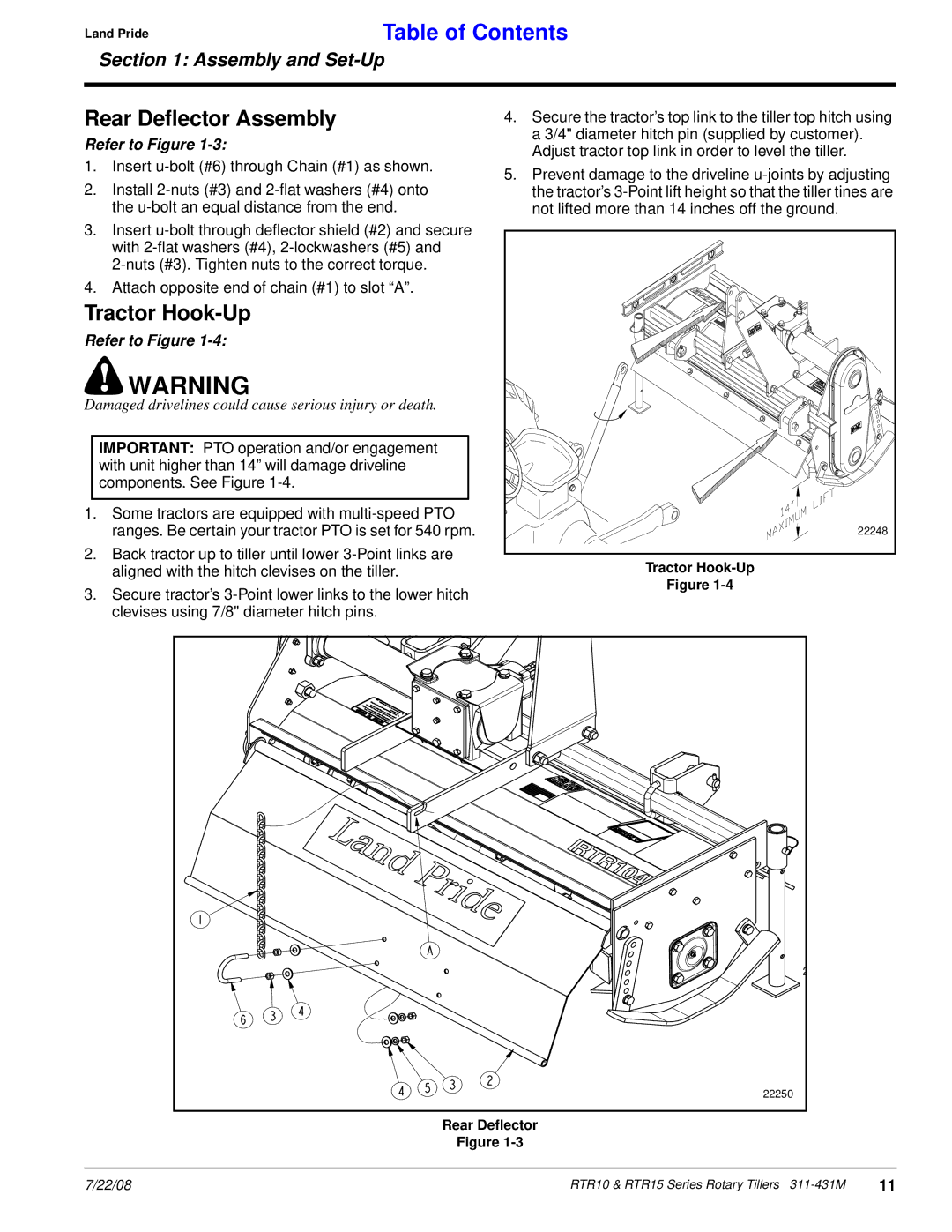 Land Pride RTR1550, RTR1558 manual Rear Deflector Assembly, Tractor Hook-Up 