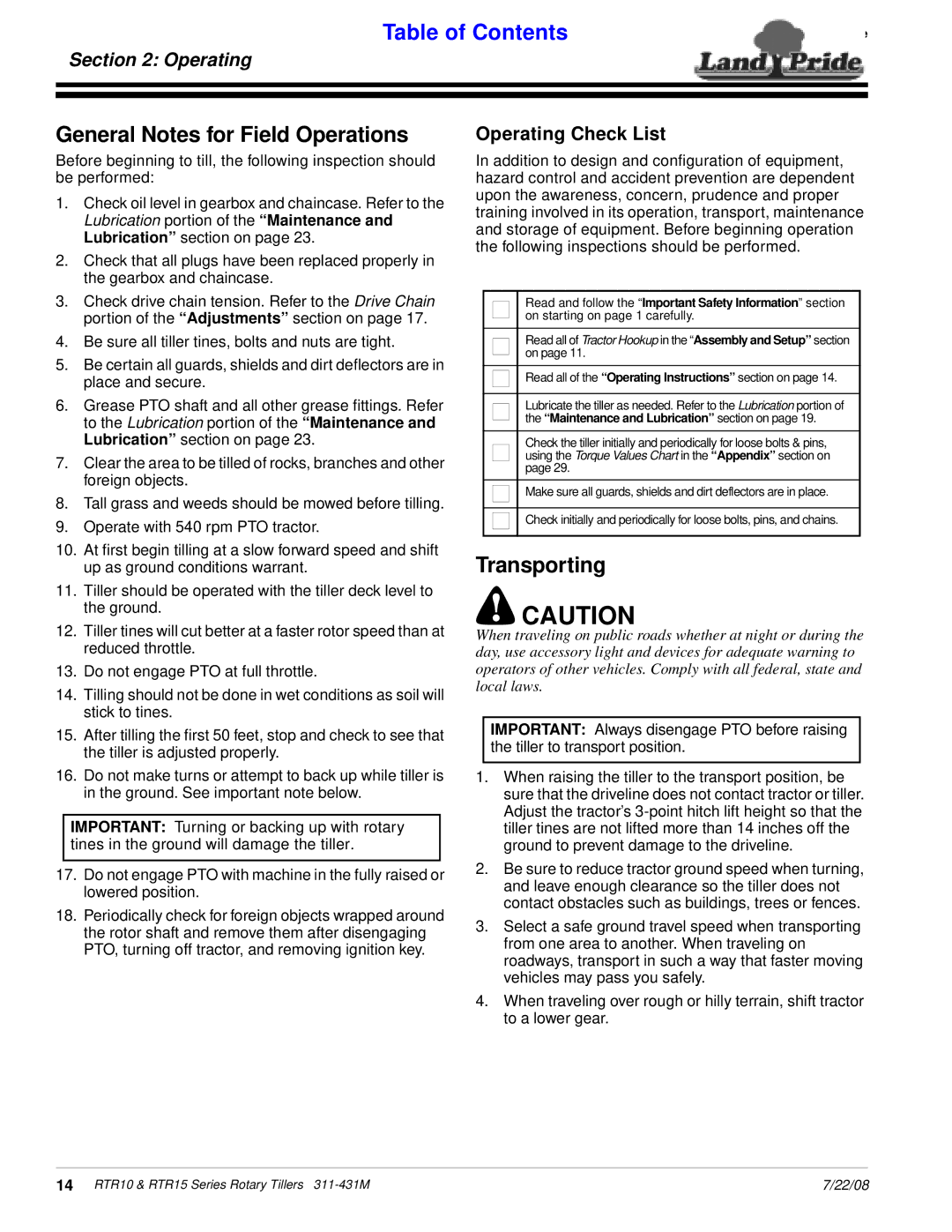 Land Pride RTR1550, RTR1558 manual General Notes for Field Operations, Transporting, Operating Check List 