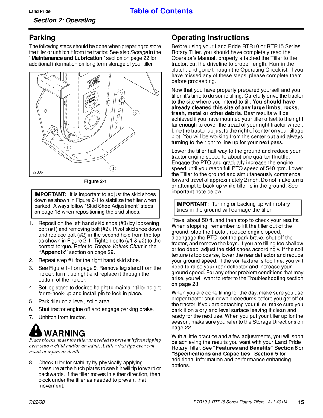 Land Pride RTR1558, RTR1550 manual Parking, Operating Instructions 