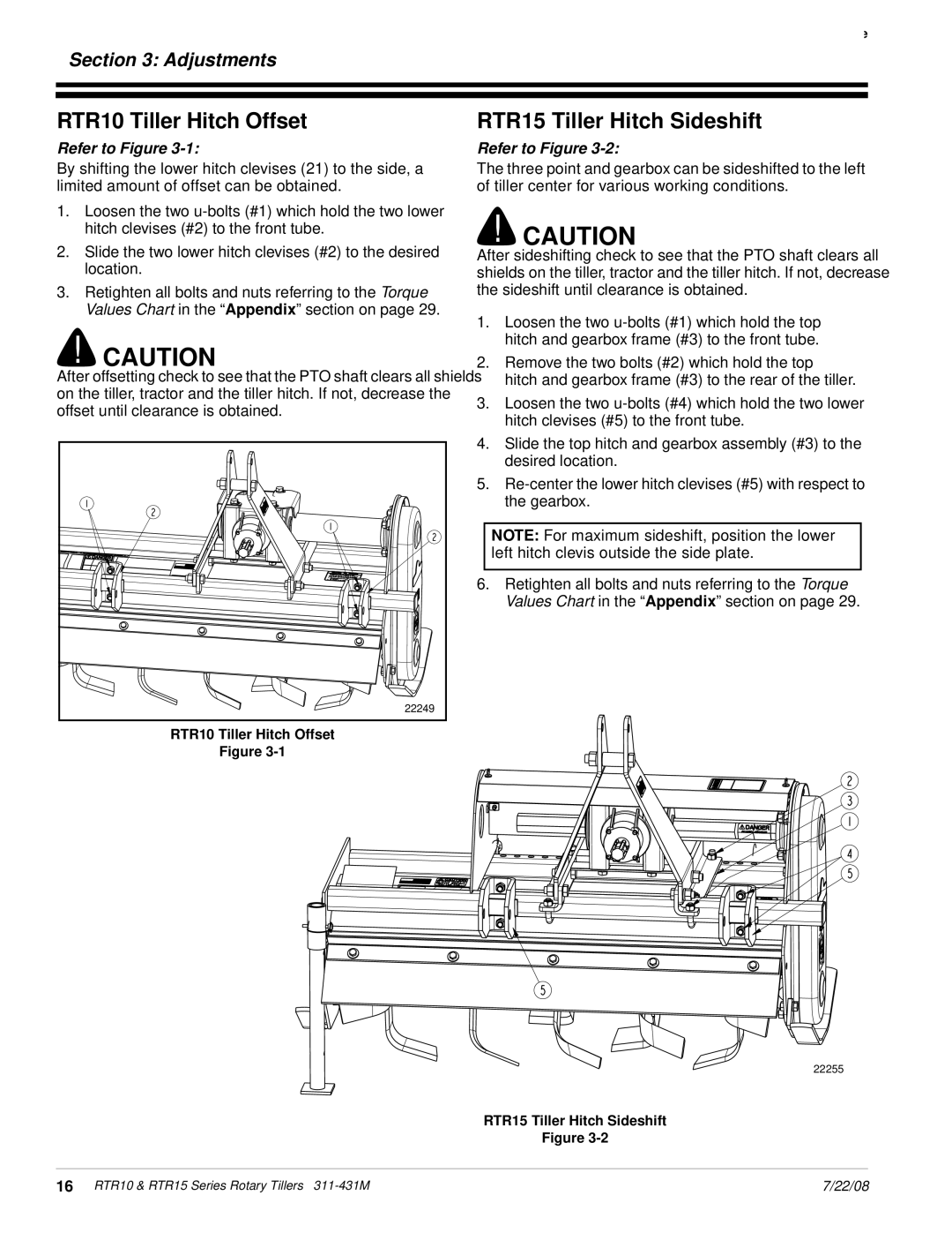 Land Pride RTR1550, RTR1558 manual RTR10 Tiller Hitch Offset, RTR15 Tiller Hitch Sideshift, Adjustments 