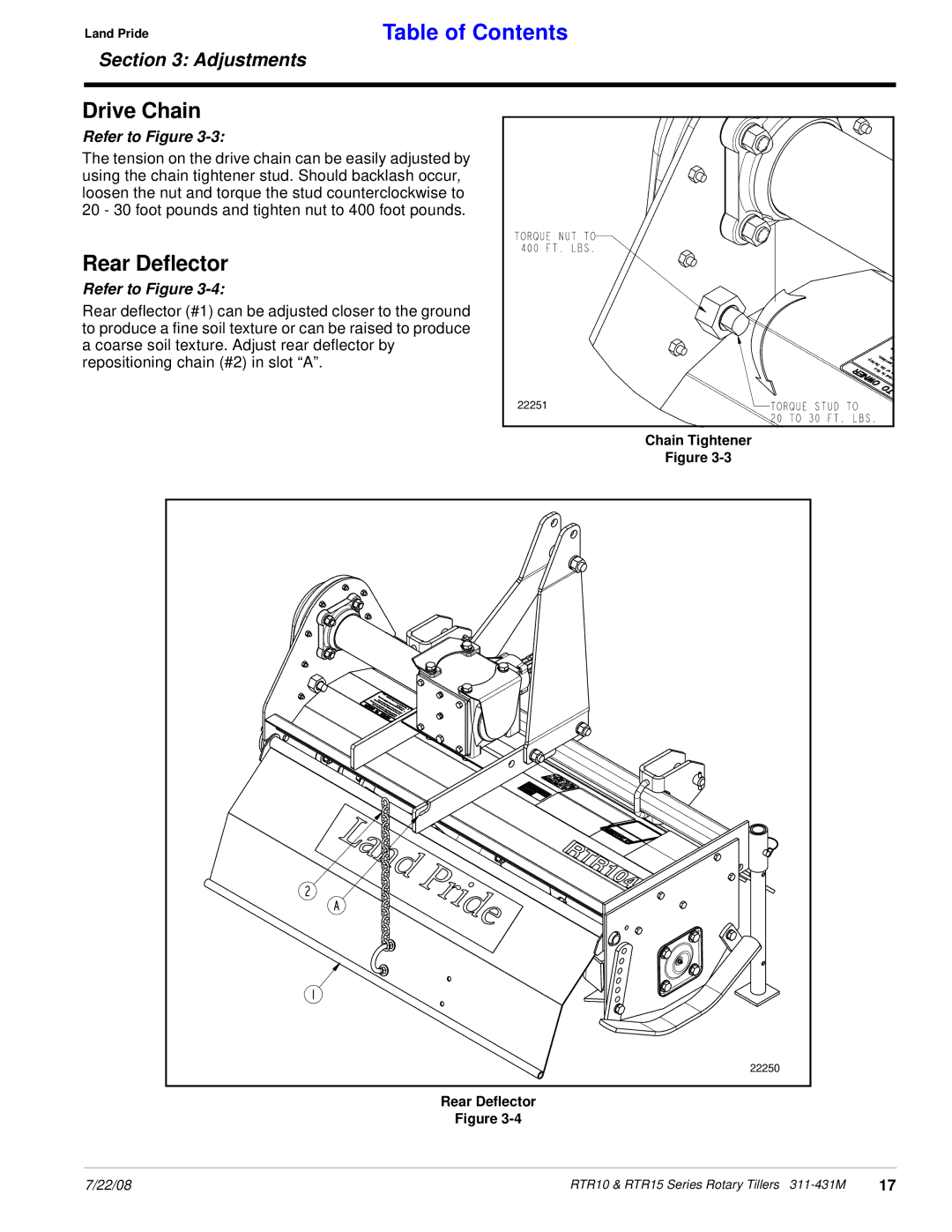 Land Pride RTR1550, RTR1558 manual Drive Chain, Rear Deflector 